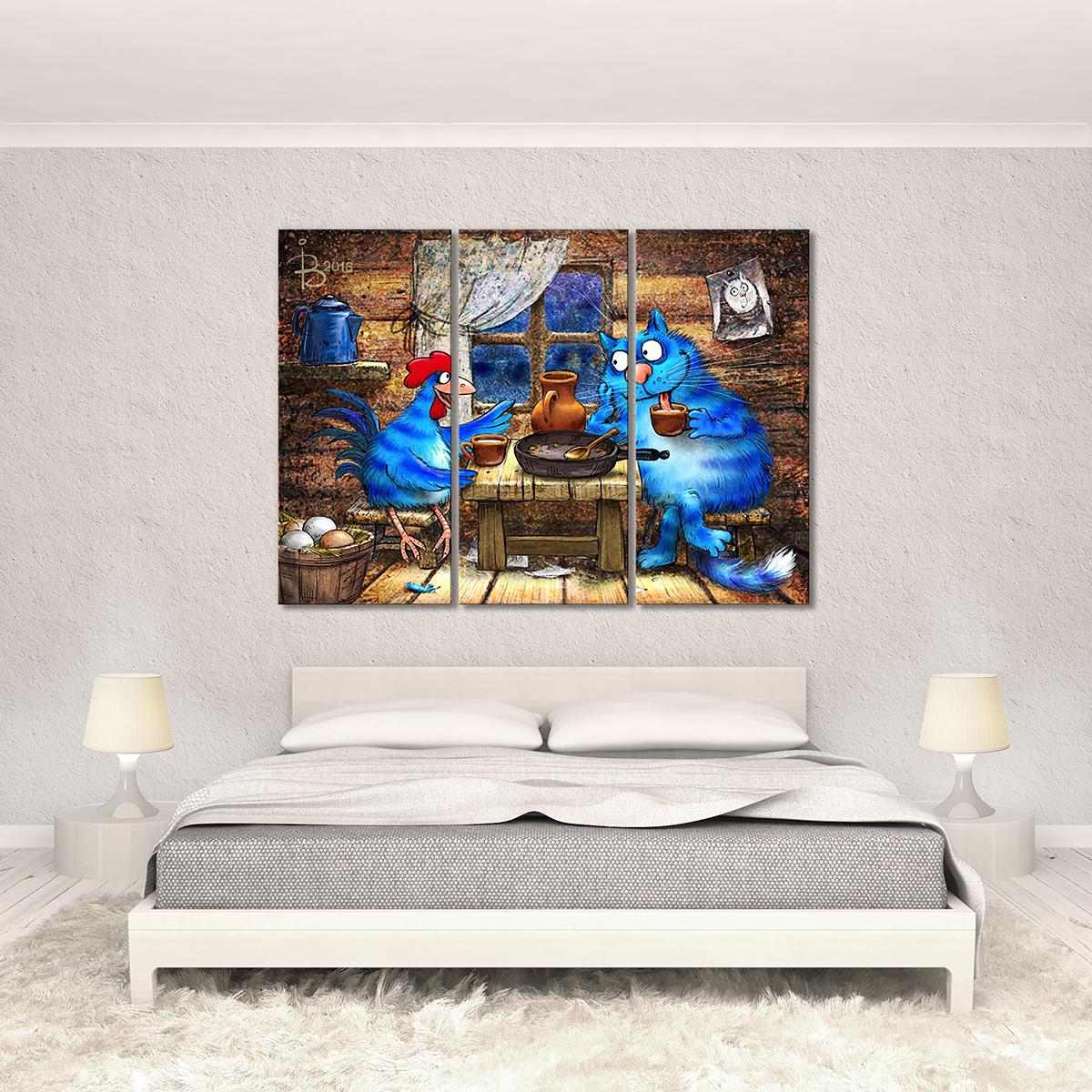 Модульная картина Кот и петух беседуют о любви (Сиквел -Кот и Петух) 3 модуля 90x135 см