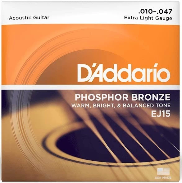 Струни D'Addario EJ15 для акустичної гітари Phosphor Bronze Extra Light 10-47