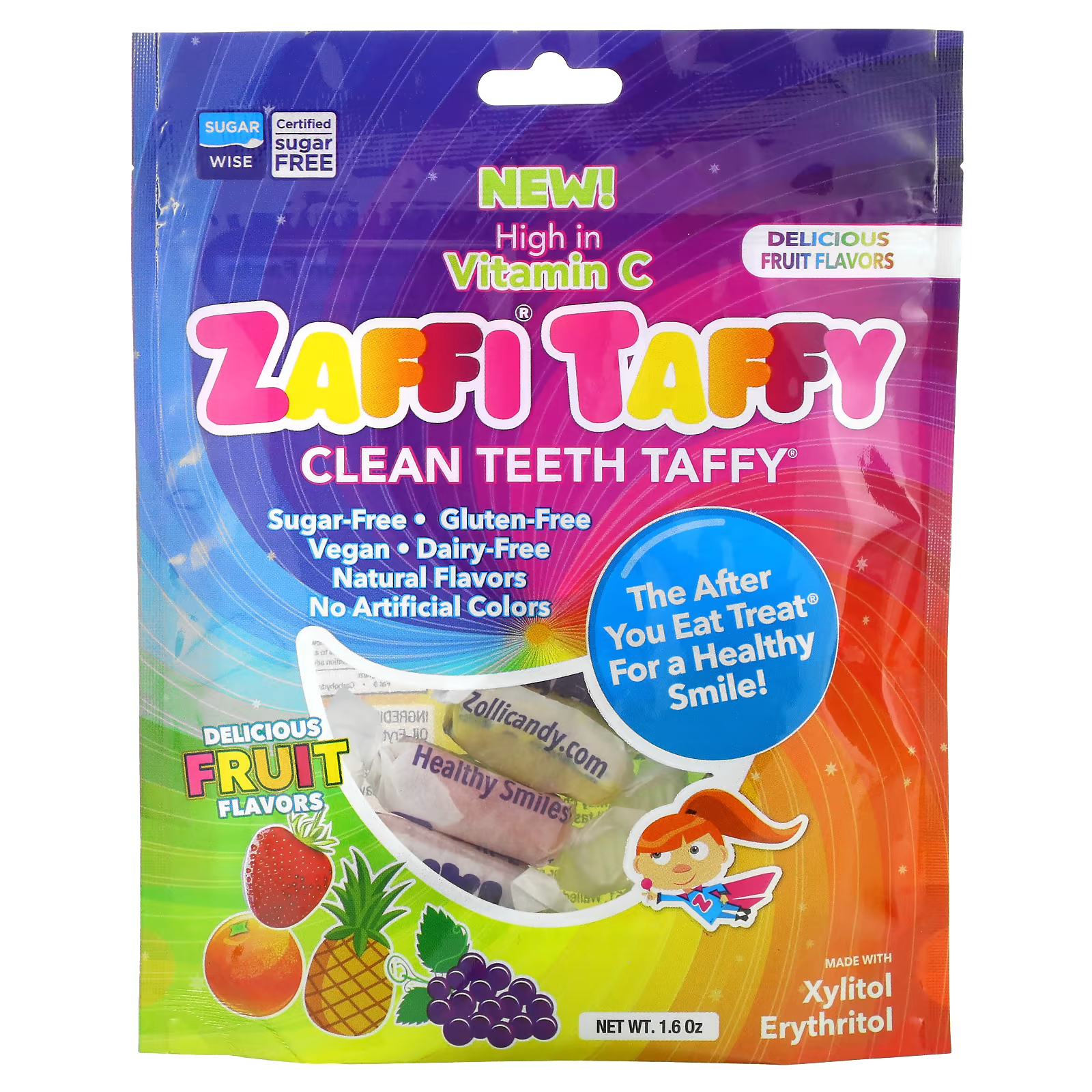 Леденцы Zollipops Zaffi Taffy Clean Teeth Taffy фруктовый вкус 1,6 унции - фото 1