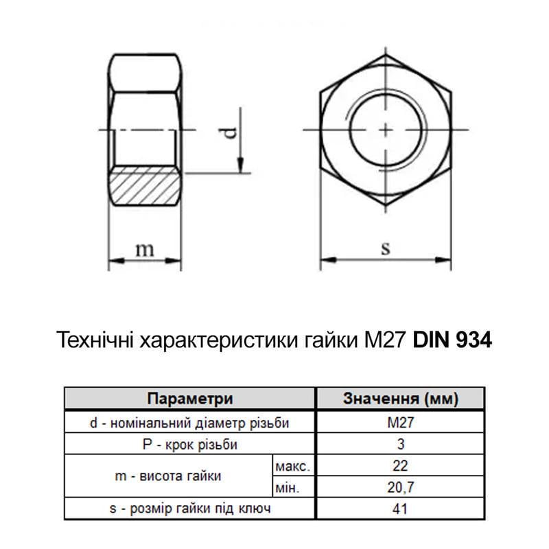 Гайка шестигранна Metalvis М27 DIN934 сталь 10 крок 3 під ключ 41 мм без покриття 25 шт. (602010000602700100) - фото 2