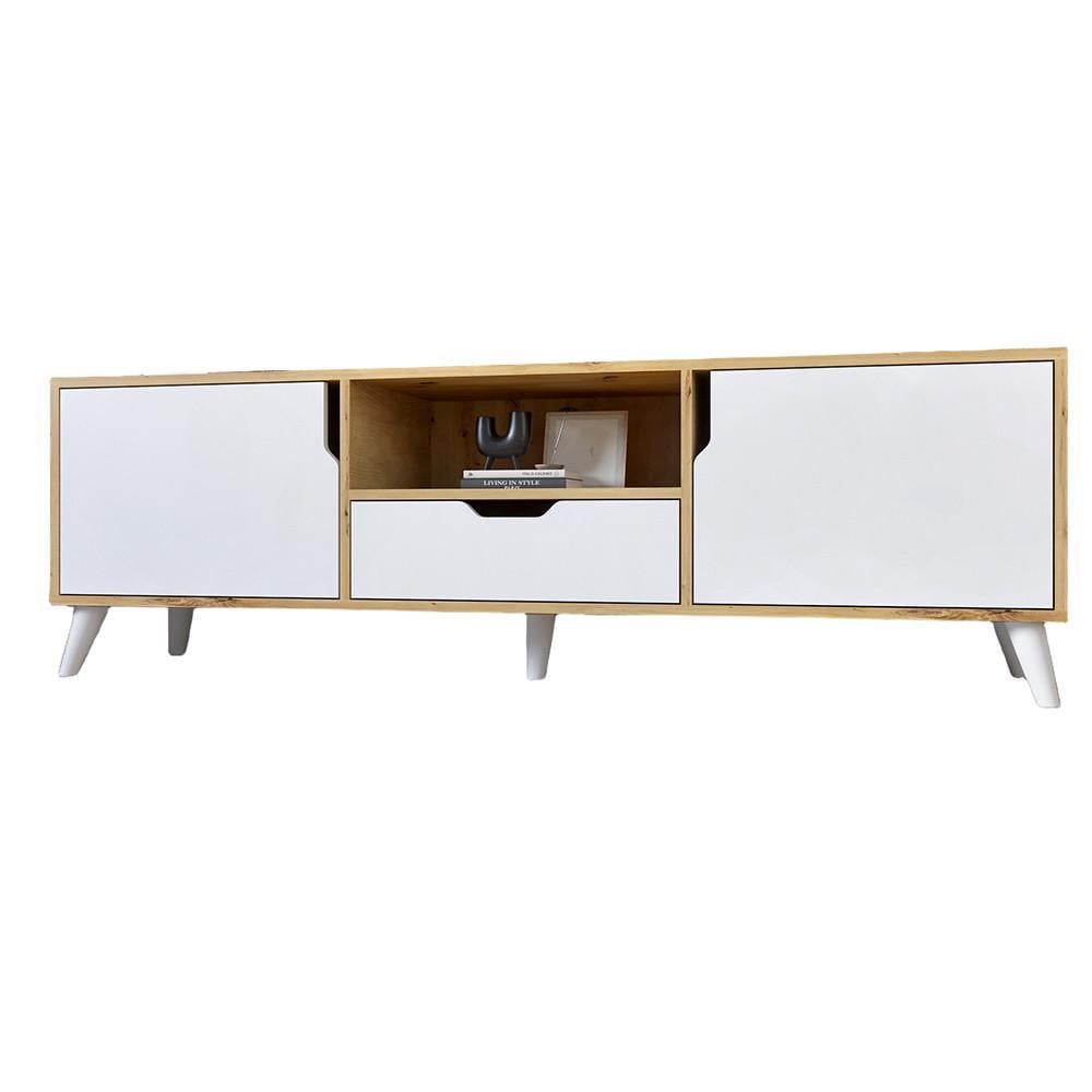 Тумба под телевизор с белыми ножками М-Зон Борн 1600 Дуб Артизан/Нимфея Альба Белый (MZN-031079)