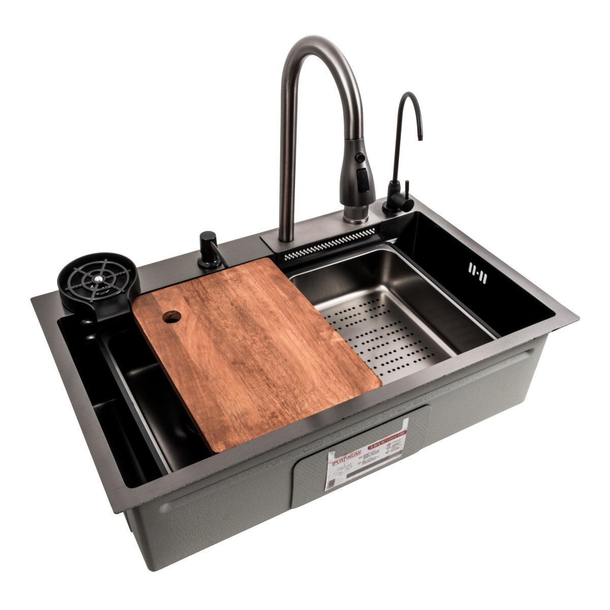 Мойка кухонная Platinum Handmade Водопад 75х46F PVD FLY RAIN Черный