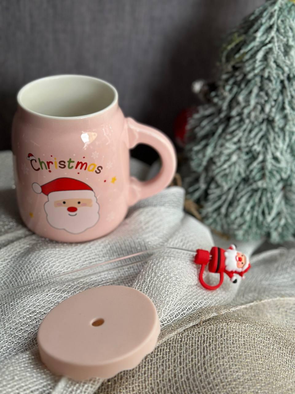 Чашка керамічна Olens 102-1082-3 Санта з кришкою і трубочкою 460 мл Розовий (2786114588) - фото 3