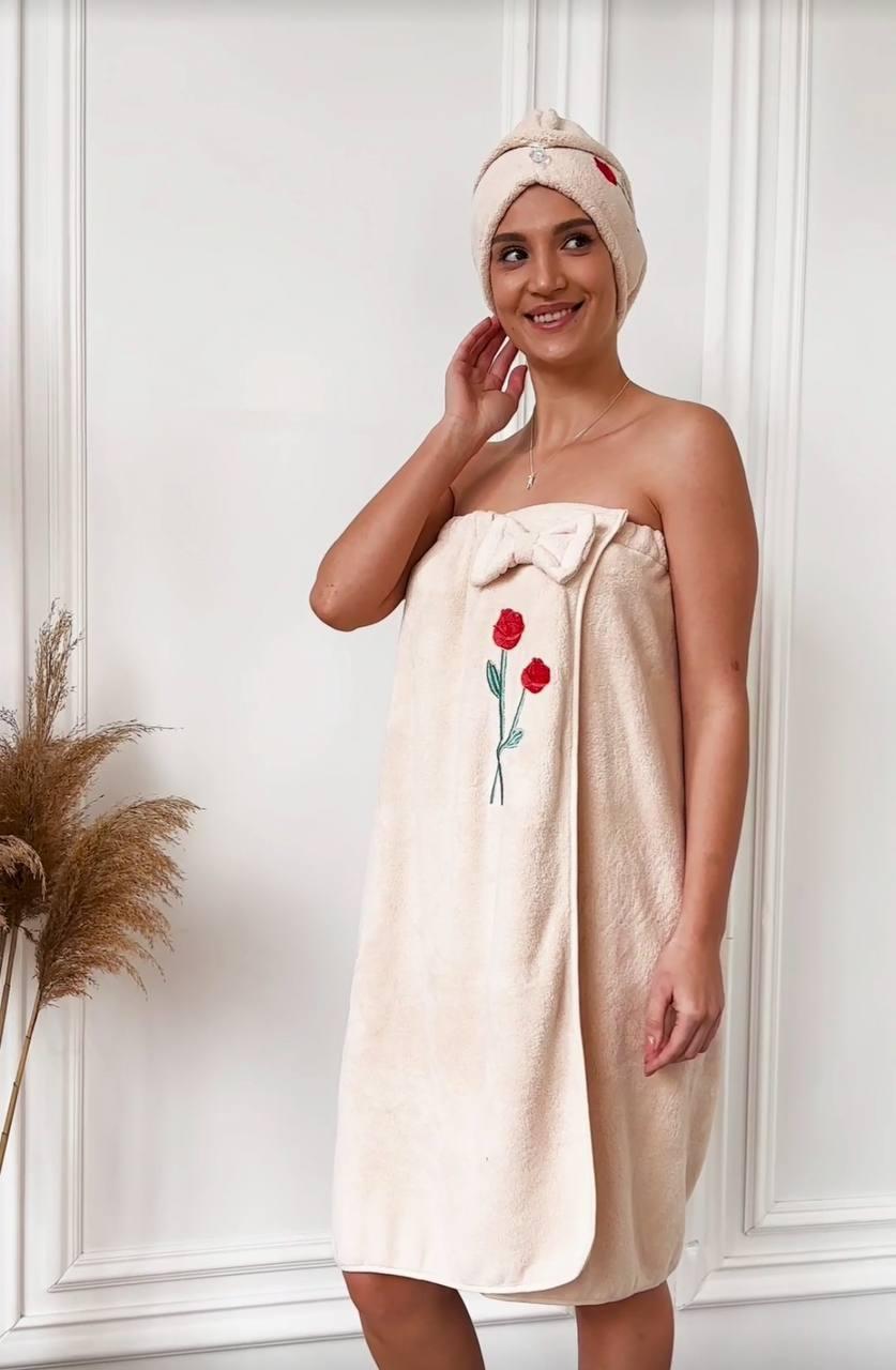 Халат-рушник банний мікрофібра Бежевий (П4К-saunew-004-01)