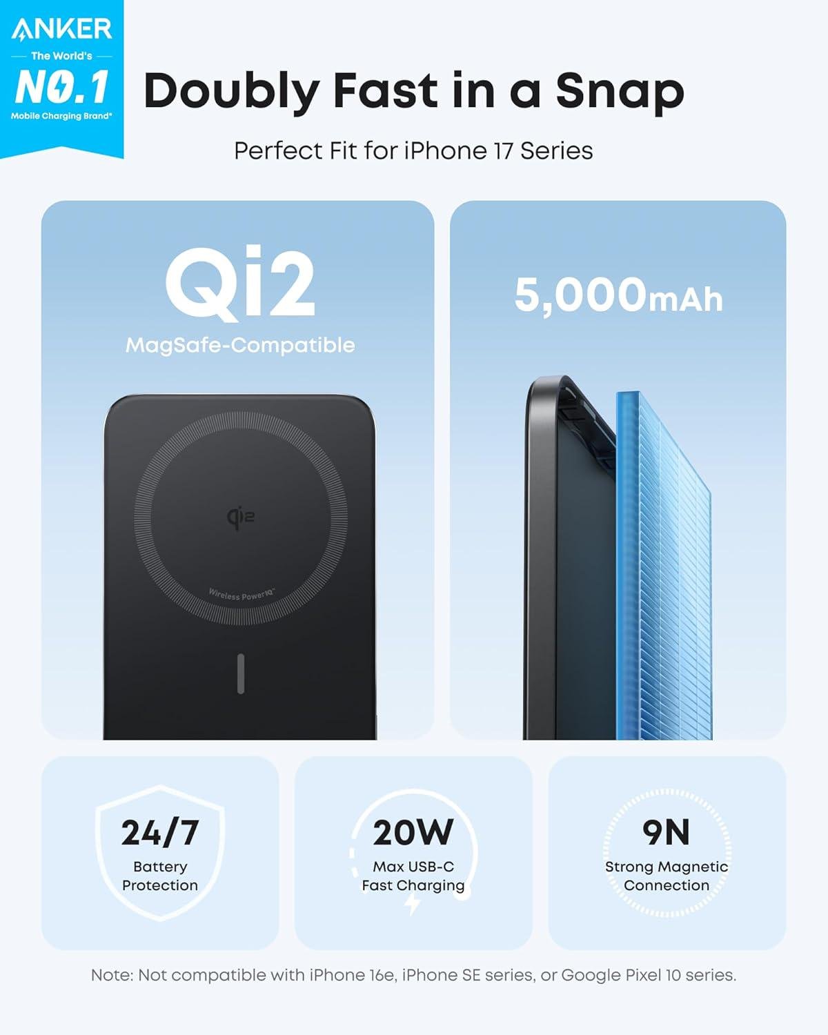 Повербанк магнітний Anker Nano Ultra-Slim 5000 mAh MagGo Qi2 15W Ultra-Fast MagSafe - фото 2 Повербанк магнітний Anker Nano Ultra-Slim 5000 mAh MagGo Qi2 15W Ultra-Fast MagSafe - фото 2