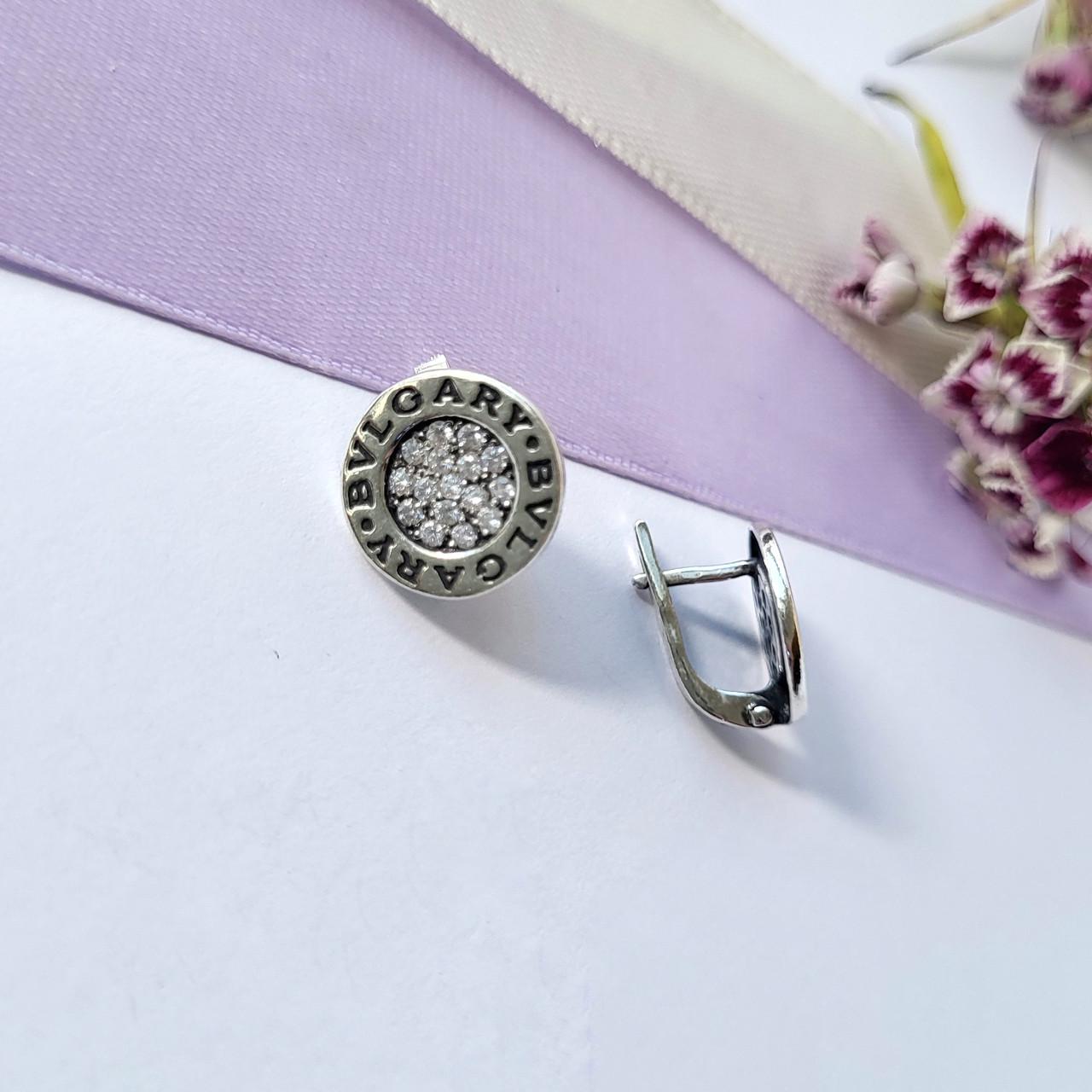 Серьги Монетка с белыми камнями серебро 925 пробы 3,15 г (24152)
