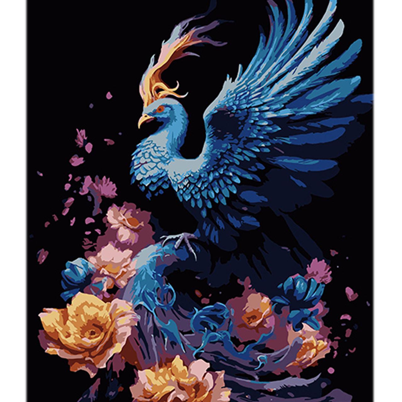 Картина за номерами Strateg Фенікс в квітковому полум'ї на чорному фоні 40х50 см (AH1121)
