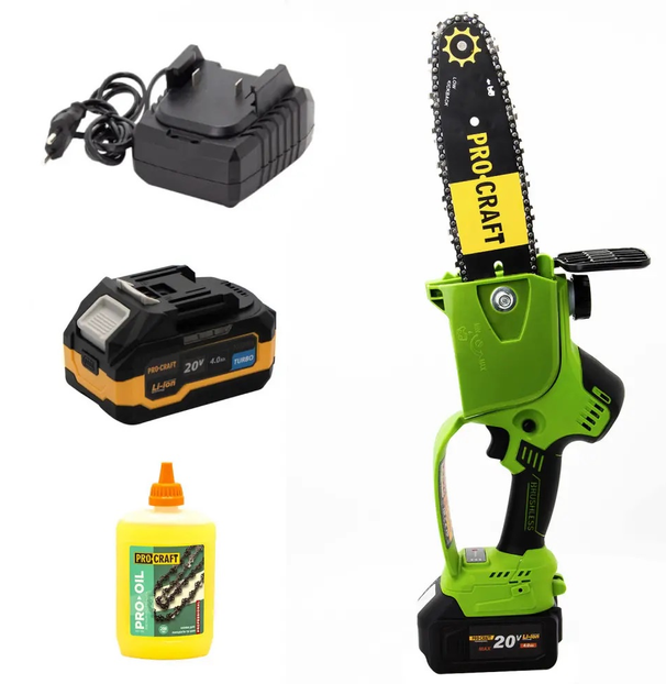 Пила цепная ProCraft с бесщеточным двигателем/аккумулятором/зарядным устройством и маслом 200 мл (PKA-20/4) Пила цепная ProCraft с бесщеточным двигателем/аккумулятором/зарядным устройством и маслом 200 мл (PKA-20/4)