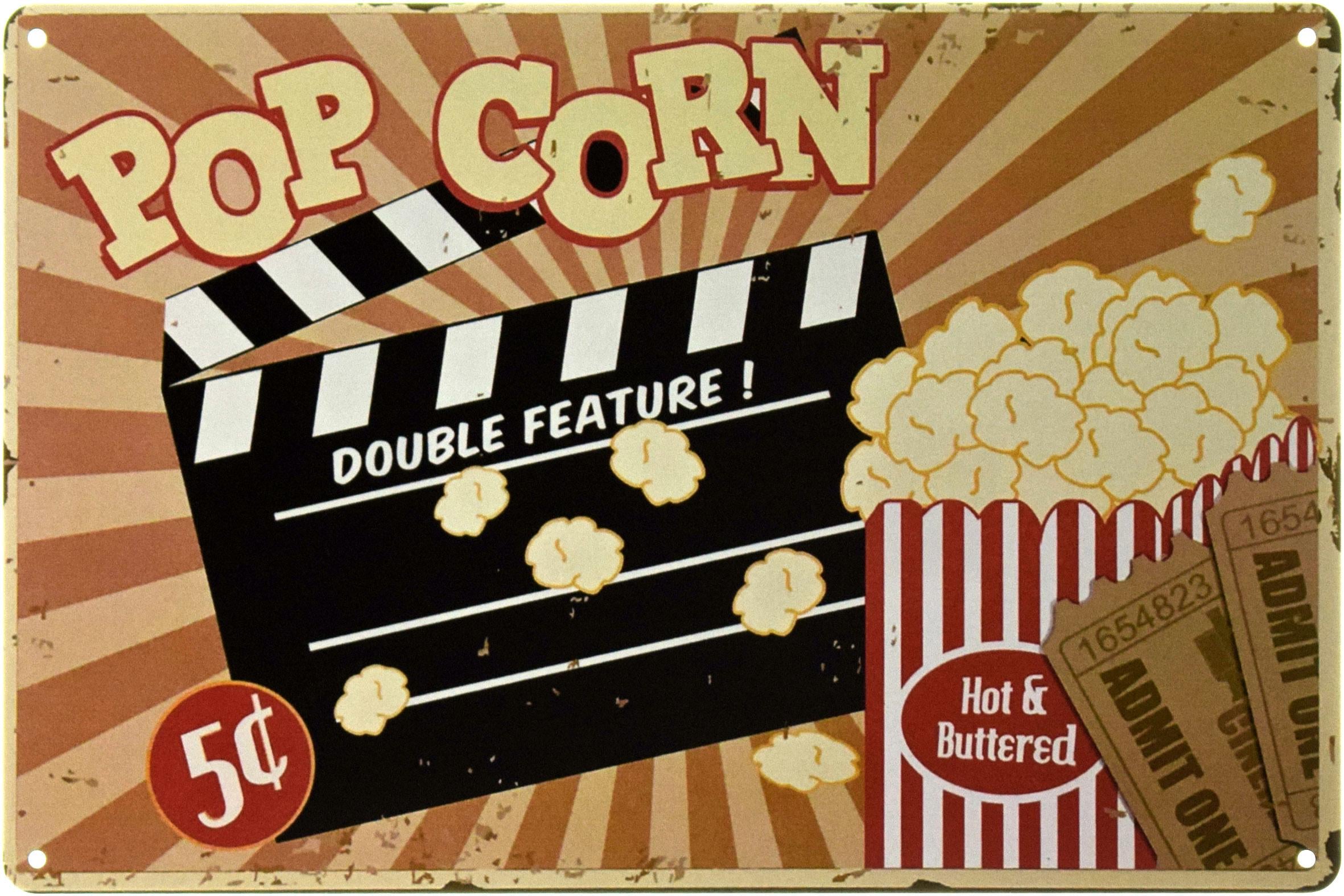 Табличка металлическая Попкорн! Двойная Функция!/Popcorn! Double Feature! 20x30 см