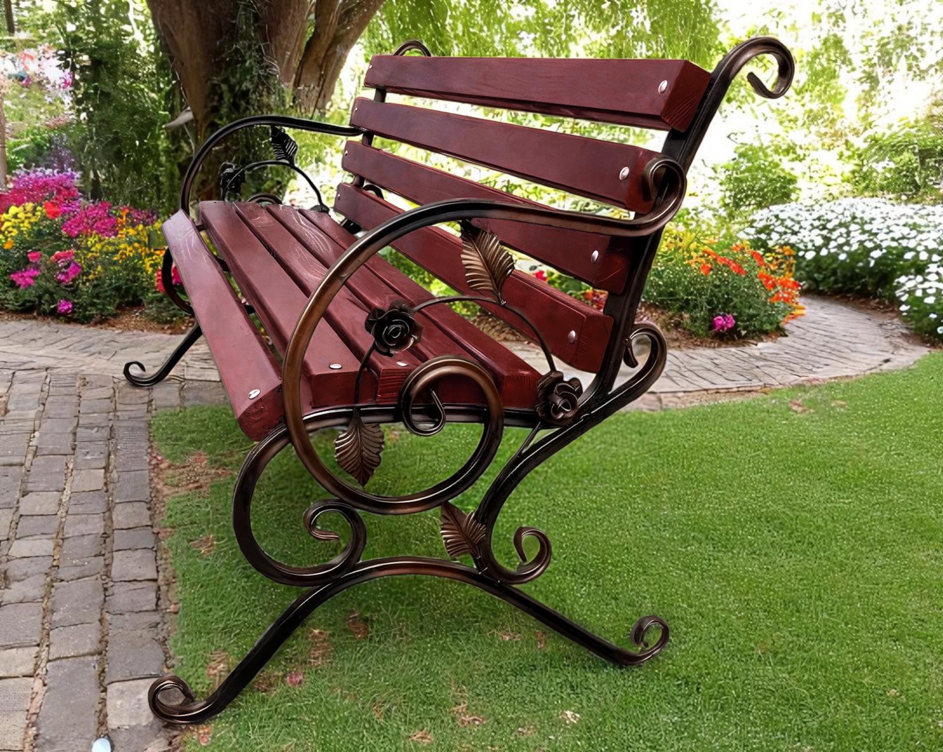 Скамейка садовая кованая Tobi Sho Камелия с подлокотниками 130 см Макасар - фото 1