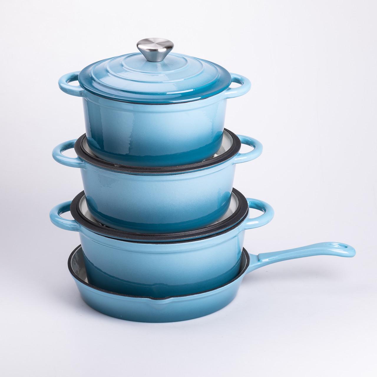 Набор чугунной посуды для приготовления с эмалированным покрытием сковорода/3 кастрюли Голубой (6821) - фото 3 Набор чугунной посуды для приготовления с эмалированным покрытием сковорода/3 кастрюли Голубой (6821) - фото 3