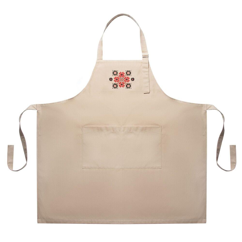 Фартук с этно вышивкой и карманом водоотталкивающий Бежевый (25645) Фартук с этно вышивкой и карманом водоотталкивающий Бежевый (25645)