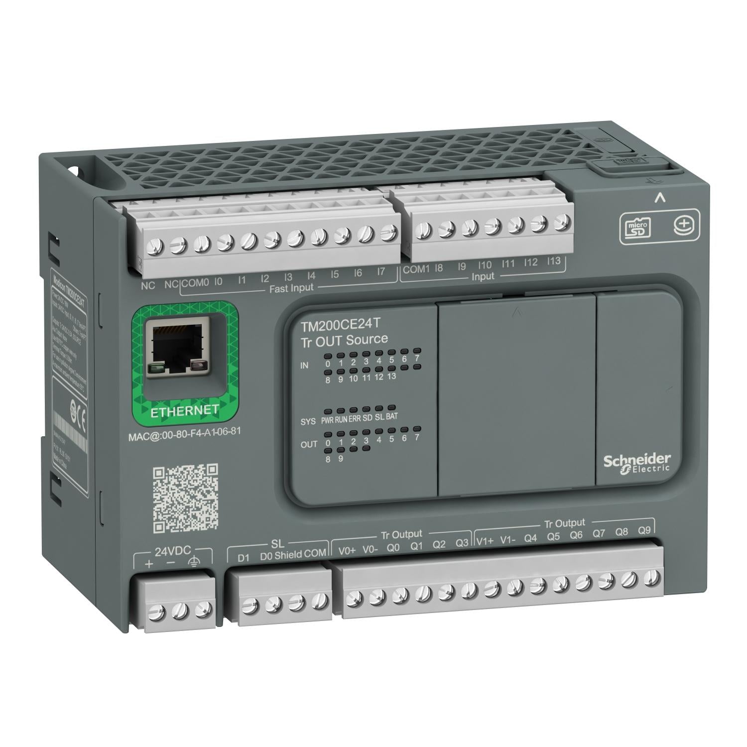 Контроллер логический Schneider Electric Modicon M200 24 входа/выхода 24V DC 14/10 транзисторный PNP EtherNet (TM200CE24T)