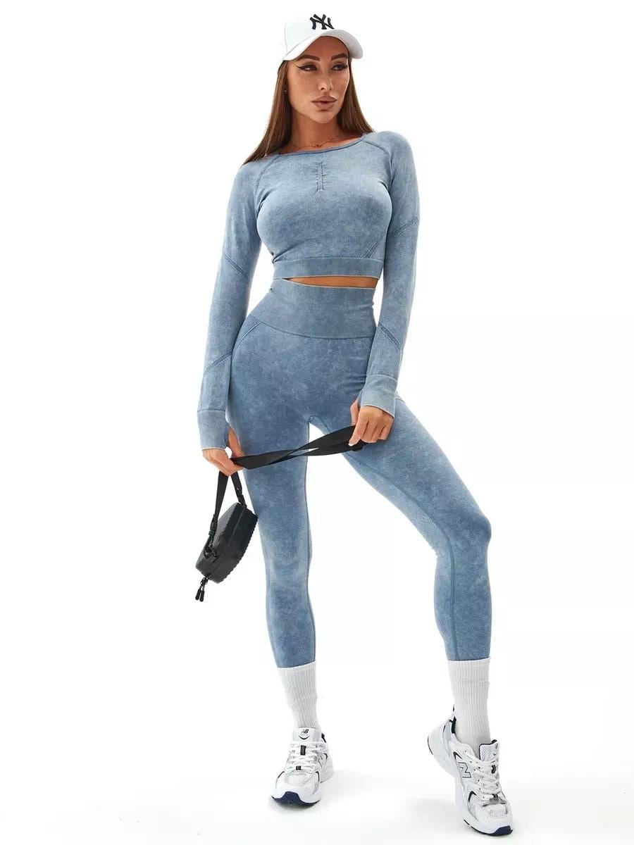 Спортивный костюм женский Push Up Рашгард и лосины Push Up для тренировок фитнеса и йоги в стиле джинс L Синий (70050L)