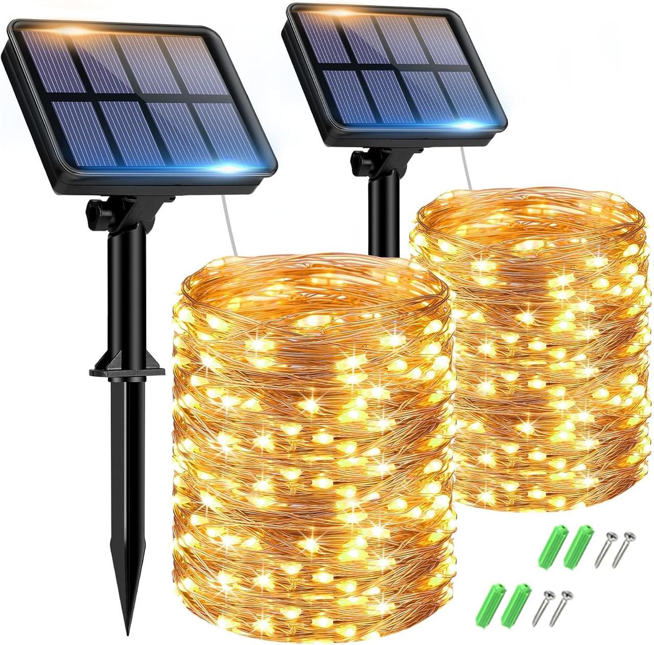 Светодиодная гирлянда на солнечной батарее btfarm 150 LED 8 режимов теплый белый свет 2 шт. по 15 м