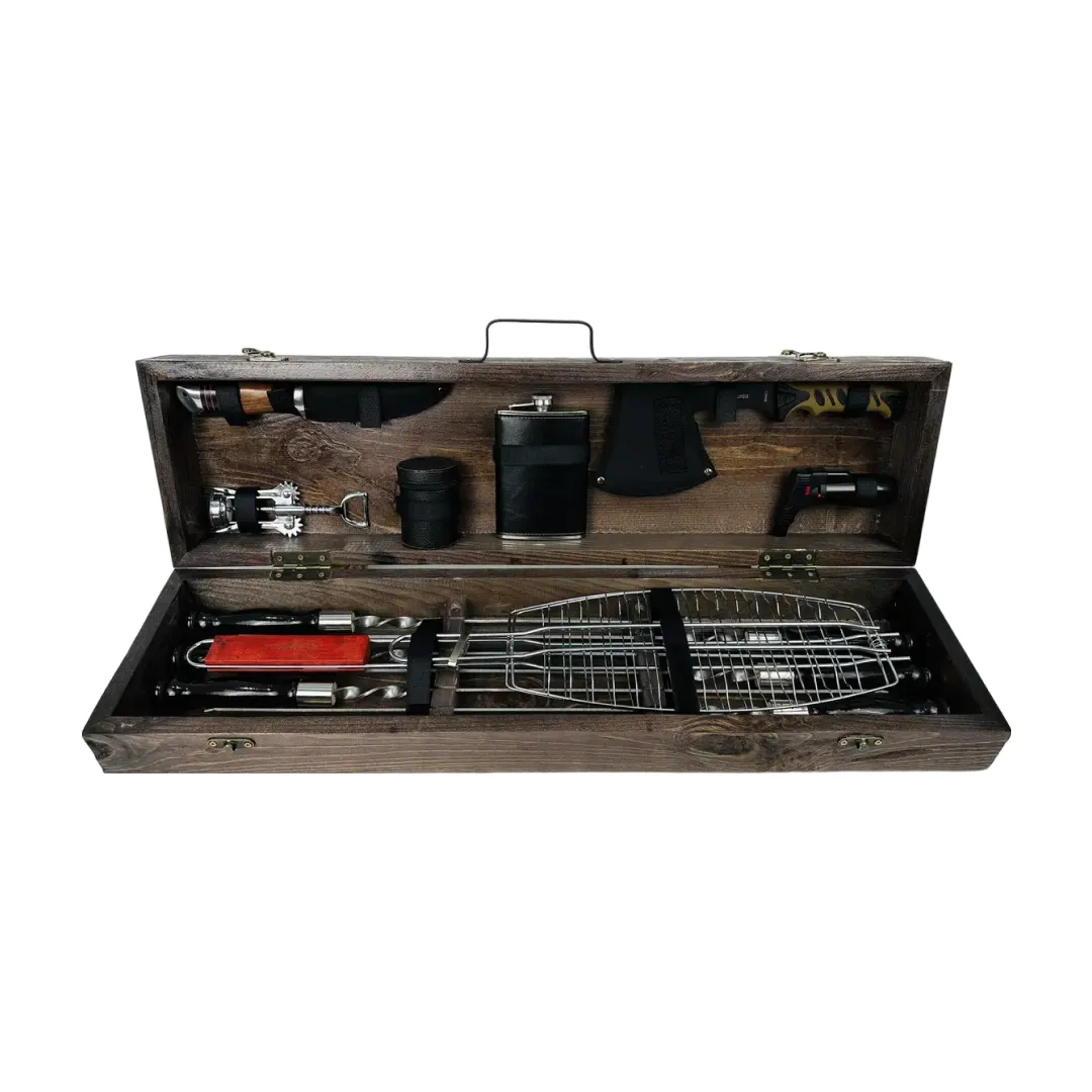 Набор шампуров в кейсе Дровосек маленький из нержавеющей стали деревянный (2-10-KS-7701)