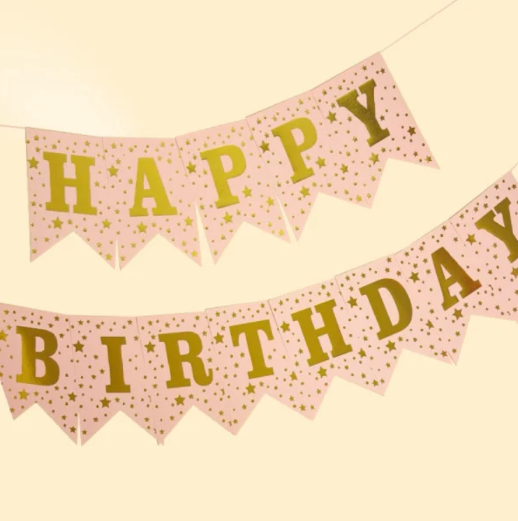 Гирлянда праздничная флажки буквы Happy Birthday звезды 16,2х11,5 см Персиковый (25-7421)