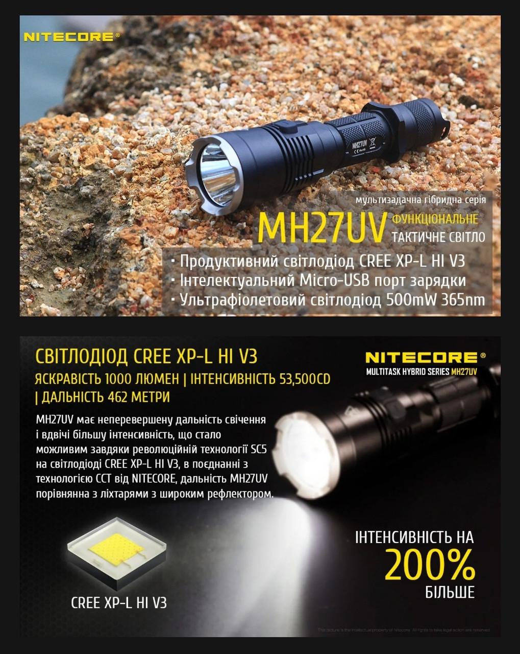 Ручной фонарь Nitecore MH27UV с белым/красным/синим/УФ светодиодом 462 м 1000 Лм (2234568857) - фото 10