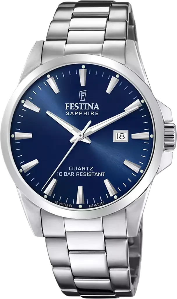 Наручные часы мужские Festina F20024/3 Classics Swiss Made со стальным корпусом/сапфировым стеклом WR 100 м и синим циферблатом