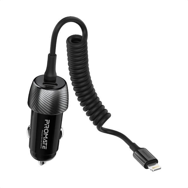 Автомобільний зарядний пристрій Promate PowerDrive-33PDI 33 Вт USB-C порт Lightning кабель Black - фото 1