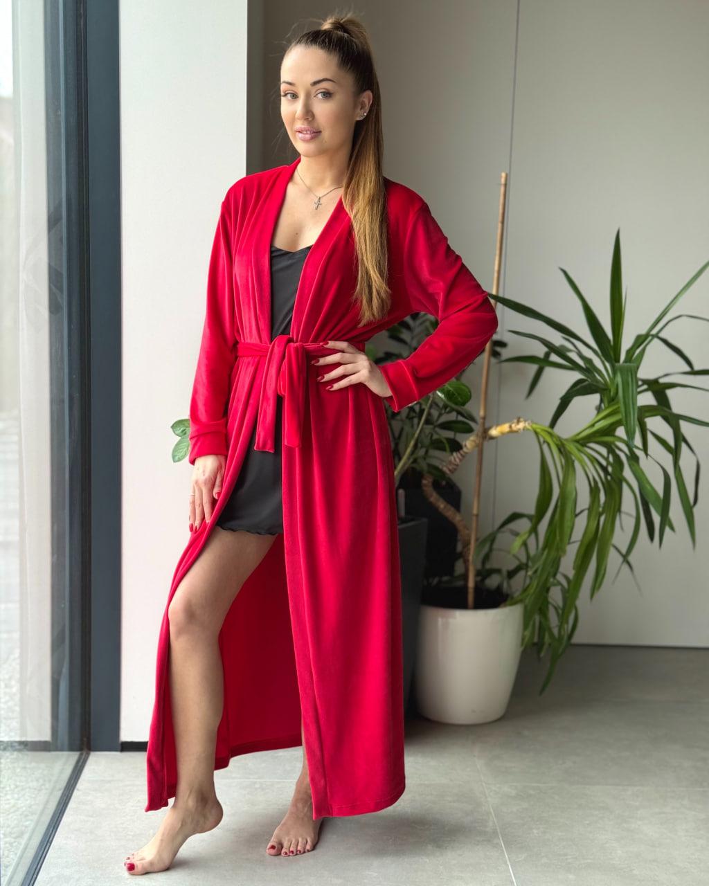 Жіночий велюровий халат максі Червоний (2914876722)