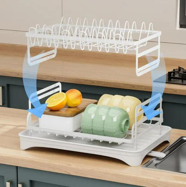 Сушилка для посуды и столовых приборов 2-ярусная настольная с водоотливом 29х30х42 см Белый - фото 8