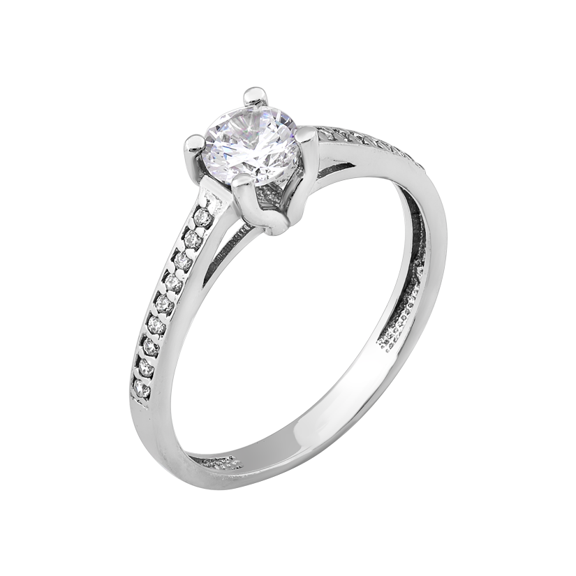 Кольцо серебряное с центральным фианитом и россыпью камней по бокам р. 18