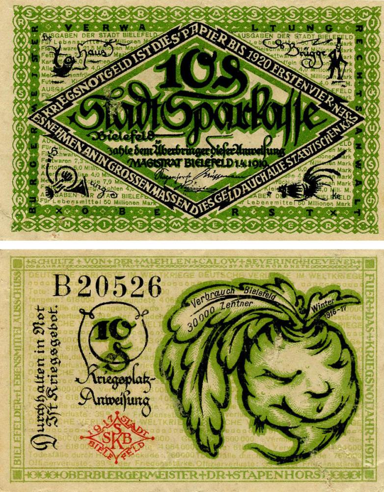 Коллекционная банкнота Германия Нотгельд 10 пфеннигов 1919 F-VF Билефельд Разновидность 1 (Б18419)