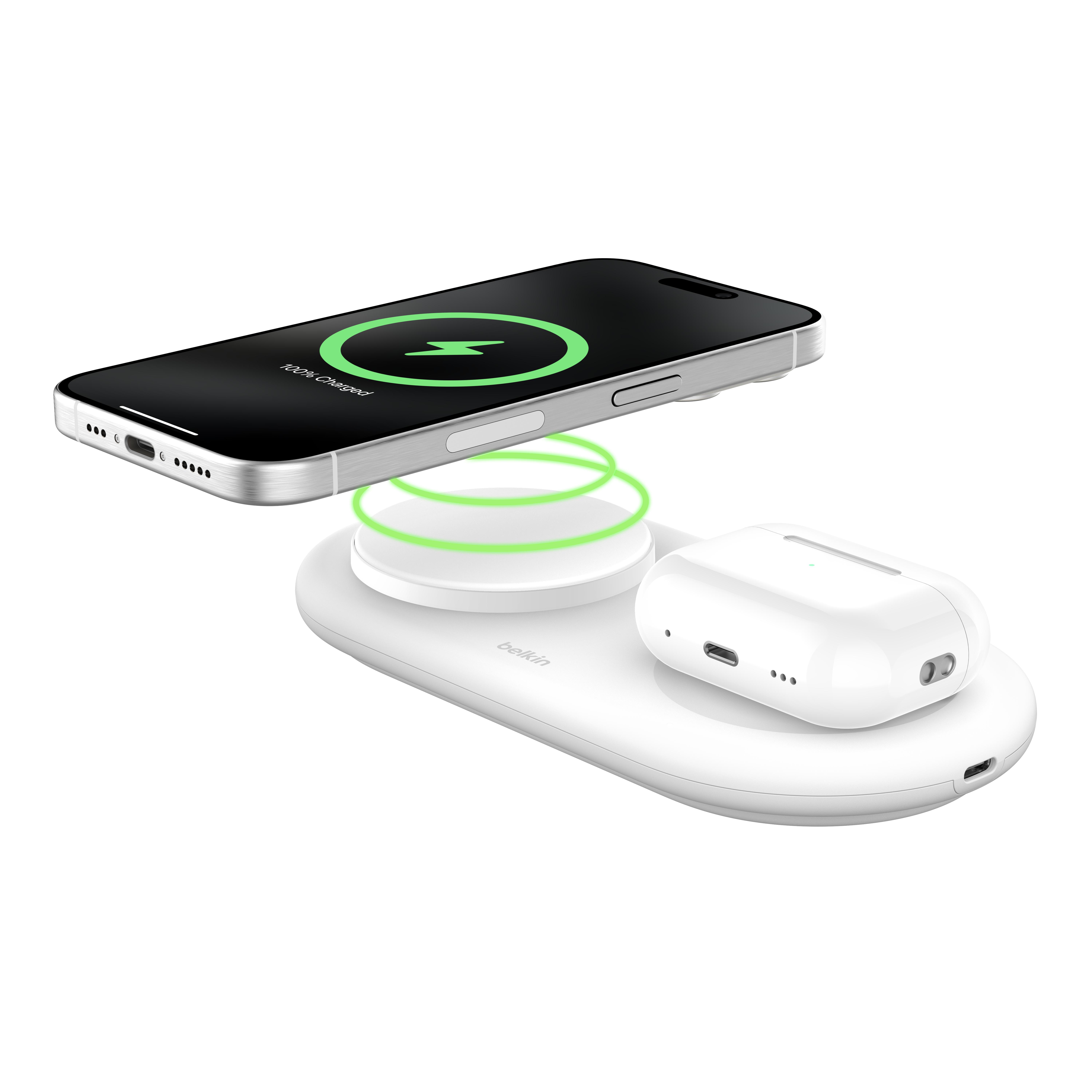 Зарядное устройство беспроводное Belkin 2в1 з Qi2 15 Вт с кабелем USB-C - USB-C 1,5 м Белый (WIZ021VFWH) - фото 2