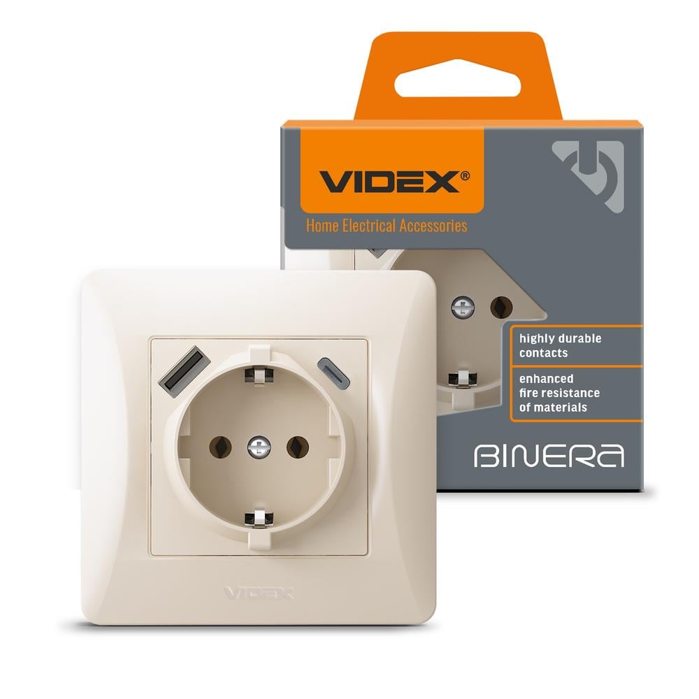 Розетка одинарная Videx Binera с заземлением с USB+USB-C Кремовой (12067)