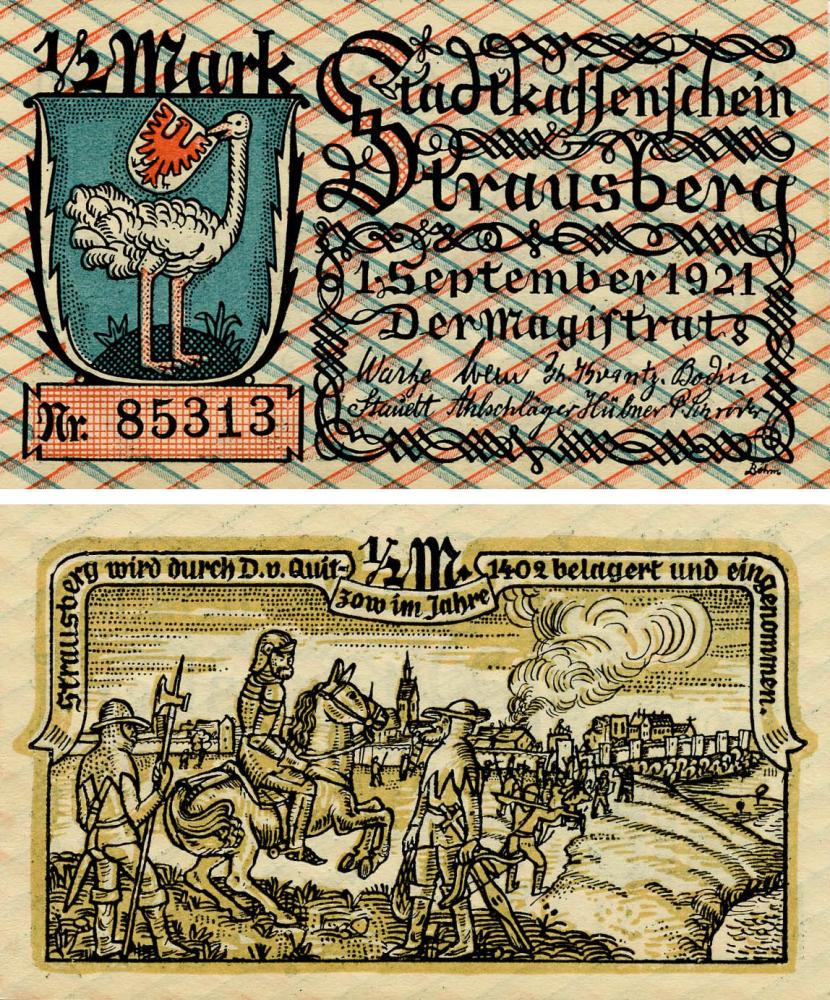 Коллекционная банкнота Германия Нотгельд 1/2 марки 1921 50 пфеннигов 1920 F-VF Штраусберг (Б18412)