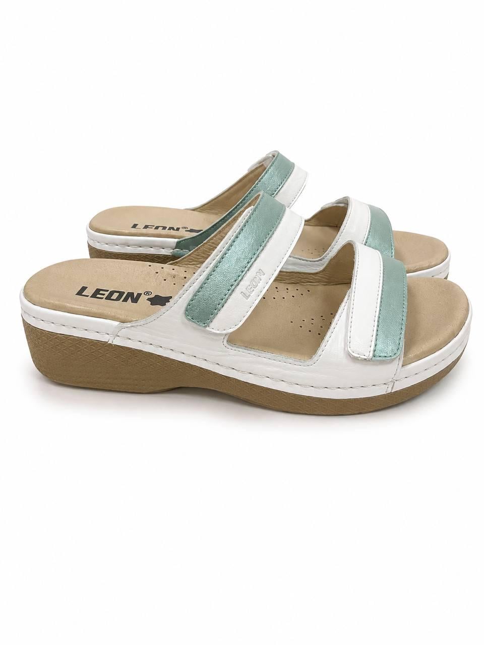 Шльопанці жіночі шкіряні анатомічні Leon 410 р. 40 Біло-бірюзовий (36273754)