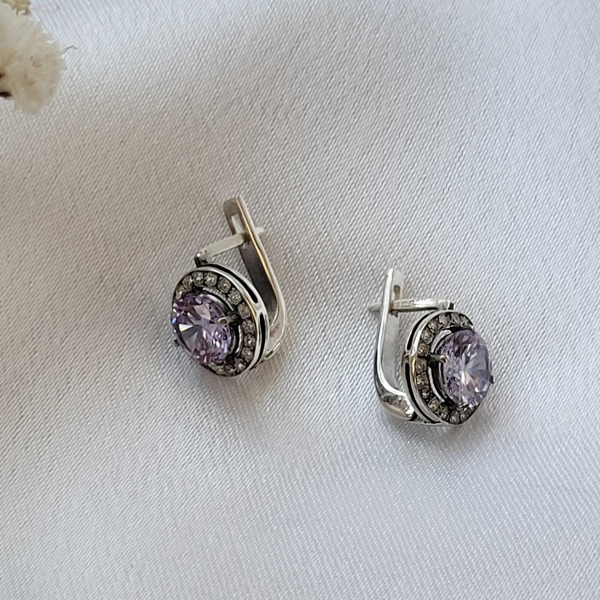 Серьги Круг с большим лавандовым камнем черненое из серебра 925 проба 3,10 г (21090)