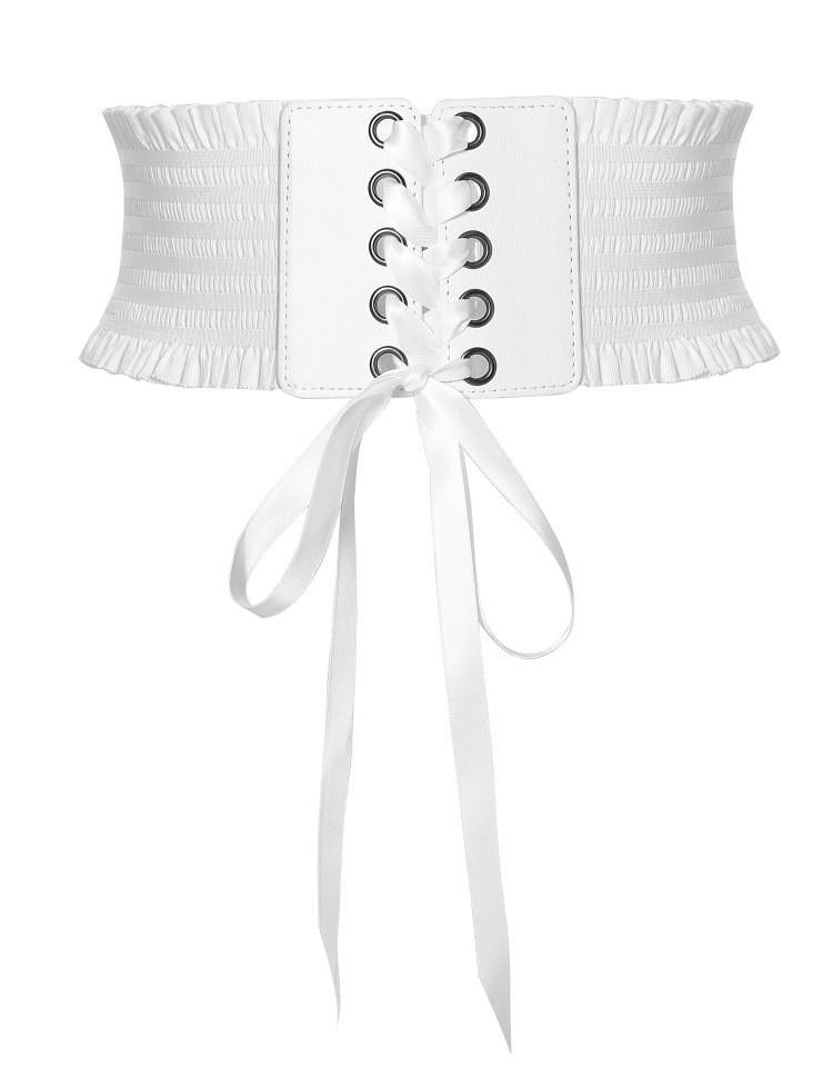 Пояс с атласной завязкой на кожаных кнопках Белый Пояс с атласной завязкой на кожаных кнопках Белый