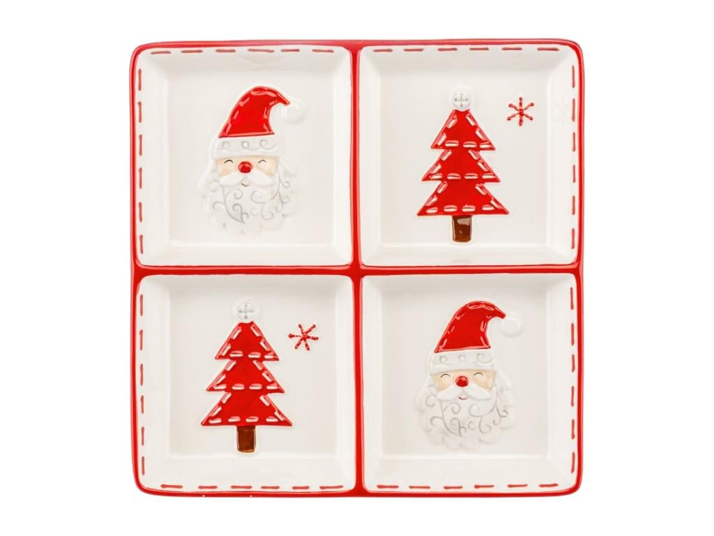 Менажница новогодняя Зимние узоры из керамики 20,2 см Белый с красным (150-81-6038-004)