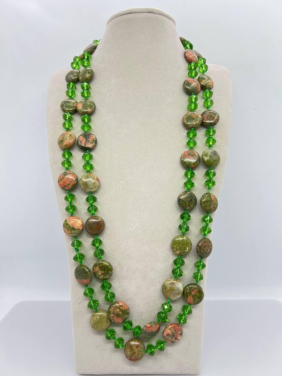Бусы унакит и хрусталь 116 см Зеленый (10974)