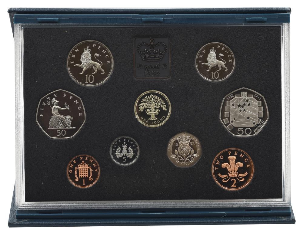 Набір колекційних монет Великобританія 9 монет 1992 Proof 1/2/5/10/10/20/50/50 пенсів 1 фунт у сувенірному пакуванні (М23765)