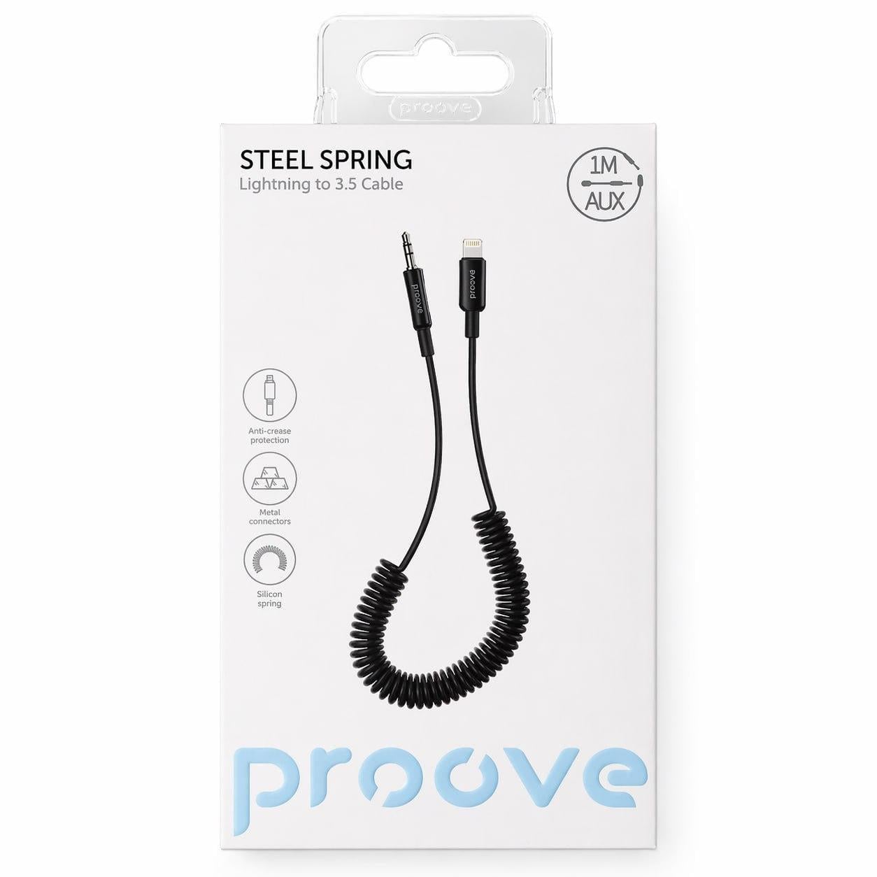 Кабель AUX Proove Steel Spring Lightning to 3,5 ACSS00005101 0,45-1 м пружинный усиленные разъемы TPU Черный (8007)