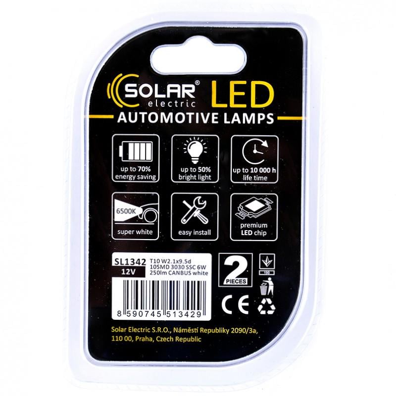 Светодиодные LED автолампы Solar Premium Line 12 В T10 W2.1x9.5d 10SMD 3030 SSC 10 Вт 250 Лм Canbus White - фото 3