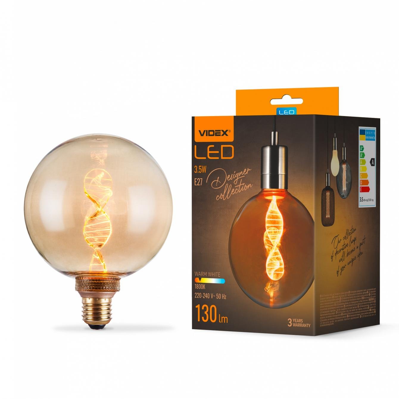 Лампа світлодіодна Videx Filament VL-DNA-G125-A 3,5W E27 1800K Amber (15339218)