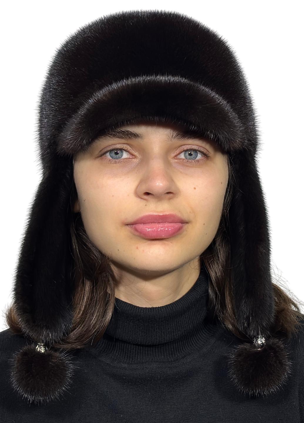 Шапка женская Меховой стиль Комбинированная Ушанка из натурального меха норки M-L Темно-коричневый (058/1/A)