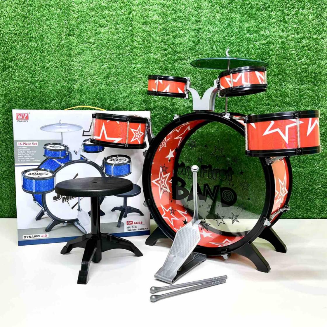 Барабанная установка игрушечная 4 барабана с палочками и стульчиком Красный (1919)