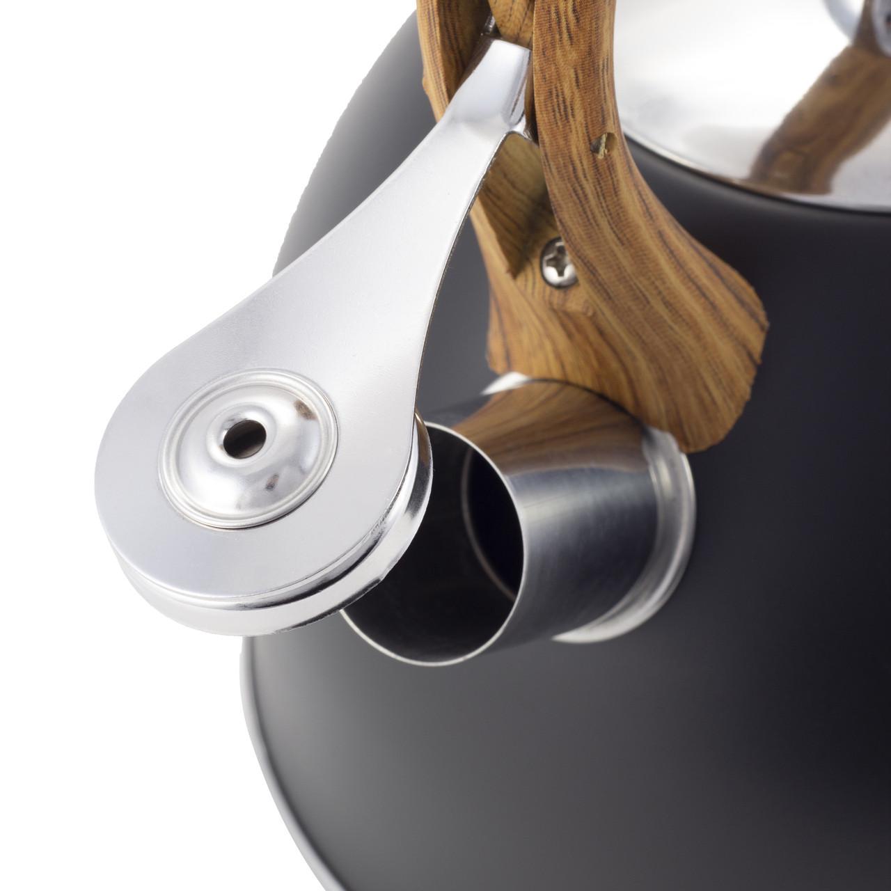 Чайник со свистком Kamille KM-1096 из нержавеющей стали и ручкой с покрытием soft-touch под дерево 2,5 л Черный (150-84-1096) - фото 5 Чайник со свистком Kamille KM-1096 из нержавеющей стали и ручкой с покрытием soft-touch под дерево 2,5 л Черный (150-84-1096) - фото 5