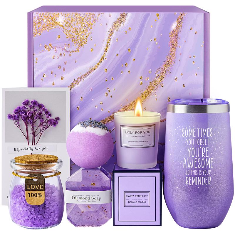 Подарочный Spa Box AU-MEHC-KLF-LKT термостакан/бриллиантовое мыло/бомбочка/соль для ванны/ароматическая свеча/открытка Violet 5 пр.