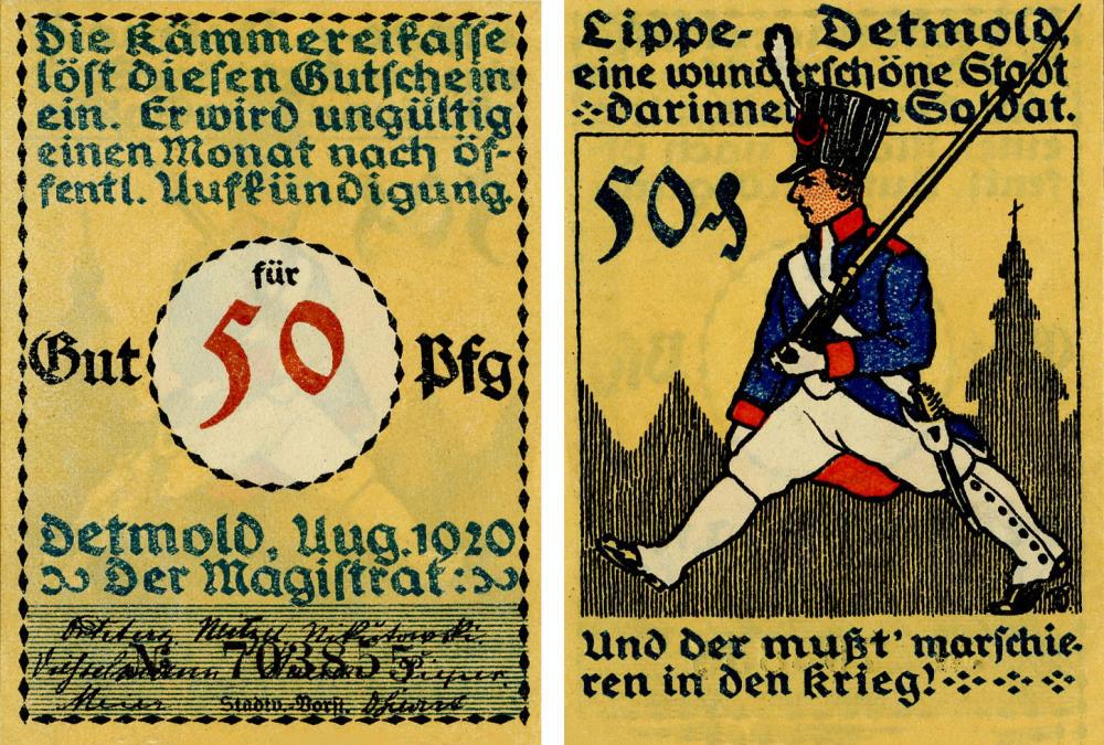 Коллекционная банкнота Германия Нотгельд 50 пфеннигов 1920 F-VF Детмольд (Б16118)