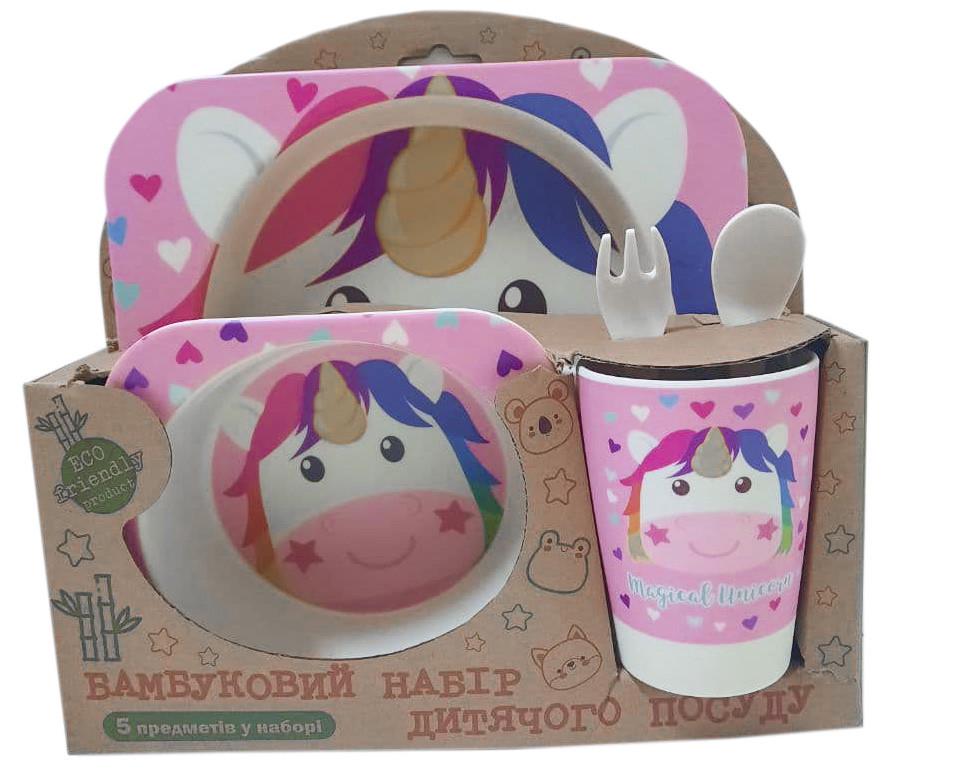 Набор детской бамбуковой посуды Stenson MH-2770-37 единорог, 5 пр.