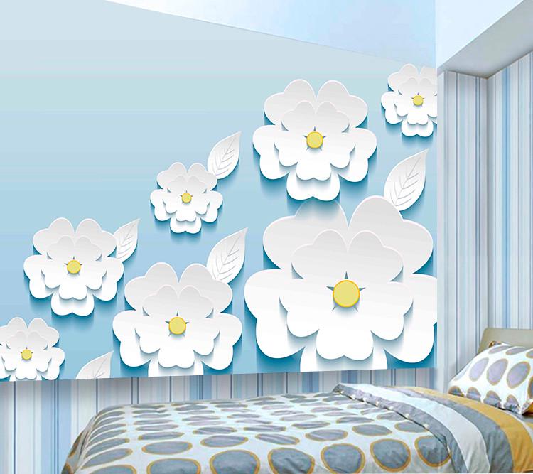 Фотообои 3D флизелиновые цветочные для спальни/зала/кухни Белые цветы с листьями