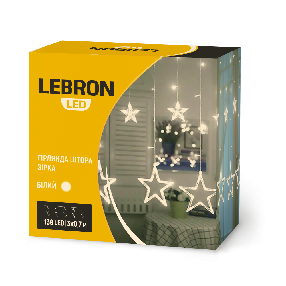 Гирлянда светодиодная Lebron Штора Звезда 138 LED IP20 3х0,7м Желтый (00000053412)