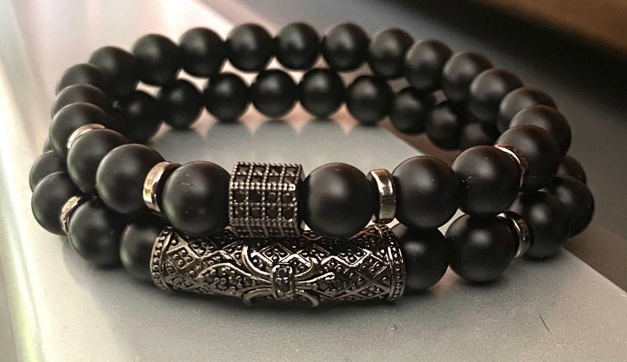 Браслет LITAURS из натурального камня шунгит и металлическими вставками М 15-17 см 2 шт. (250411)