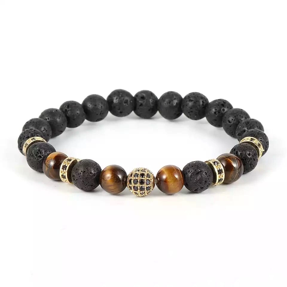 Браслет з лавового каменю та тигрового ока з кулею та дисками р. 14 Чорний/Коричневий
 (90108)